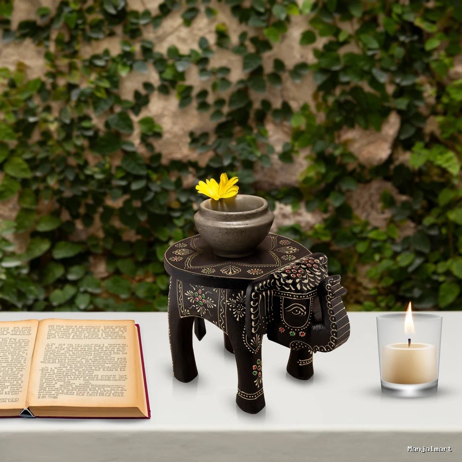Painted Elephant Stool - 8 x 12 Inches | Decorative Stand/ Decorative Stool for Living Room/ Assorted Colour