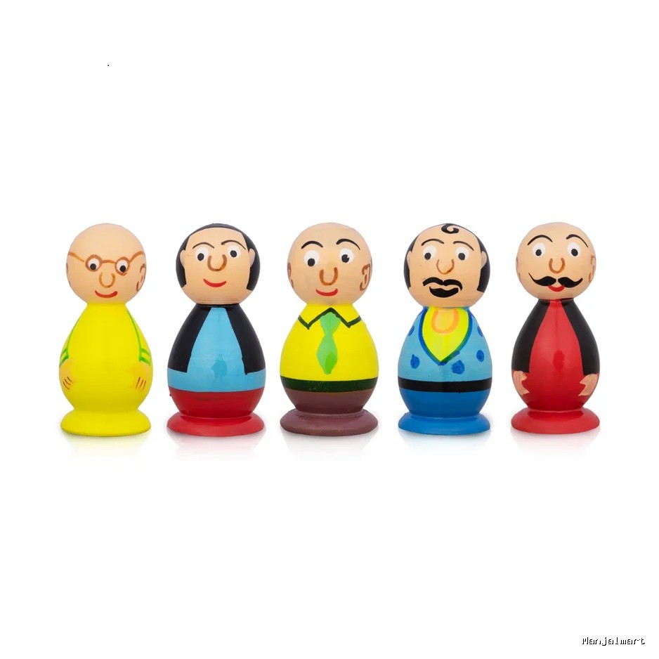 Motu Patlu Set - 3 x 1.5 Inches | 5 Pcs/ Coloured Wood Sculpture/ Wooden Cartoon Play Toys for Kids