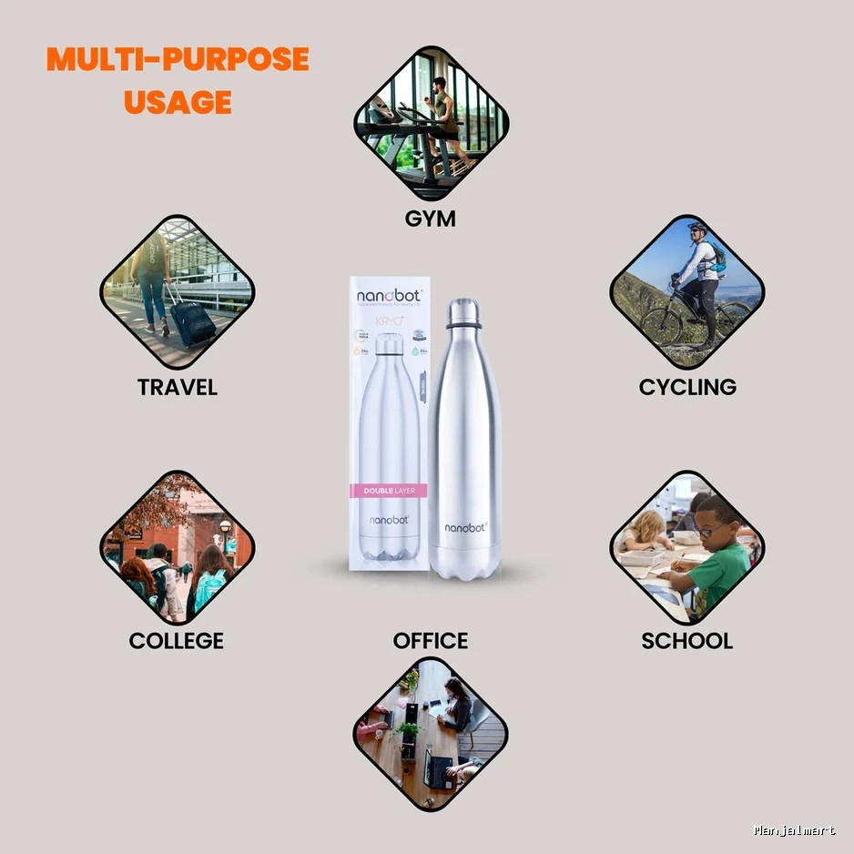 Nanobot Kryo Vaccum Flask - 1 Ltr | Water Bottle/ 13 x 3 Inches/ Stainless Steel Flask for Home