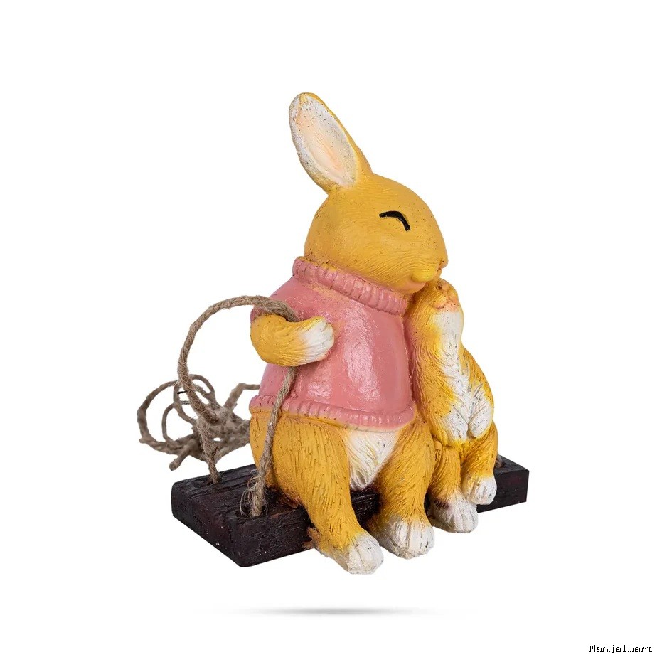 Swing Rabbit Figurine With Child Hanging- 7 X 5.5 Inches | Resin Rabbit Statue/ Rabbit Sculpture For Garden Decor